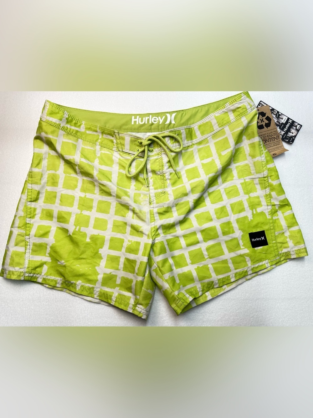 Hurley Neon Lime Grid Print Swim Shorts • Juniors 9 / Women’s Small • NWT